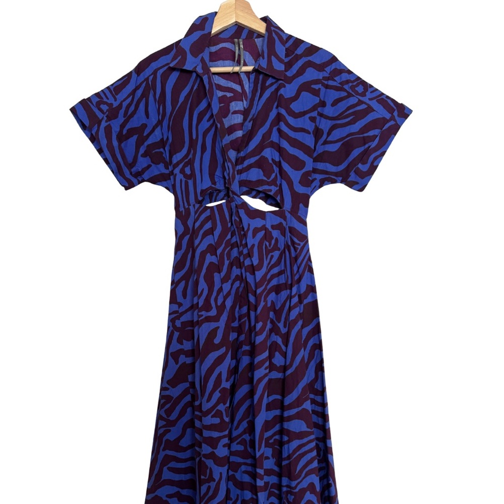 Anthropologie Cut Out Twist Blue and Purple Patterned Midi Dress